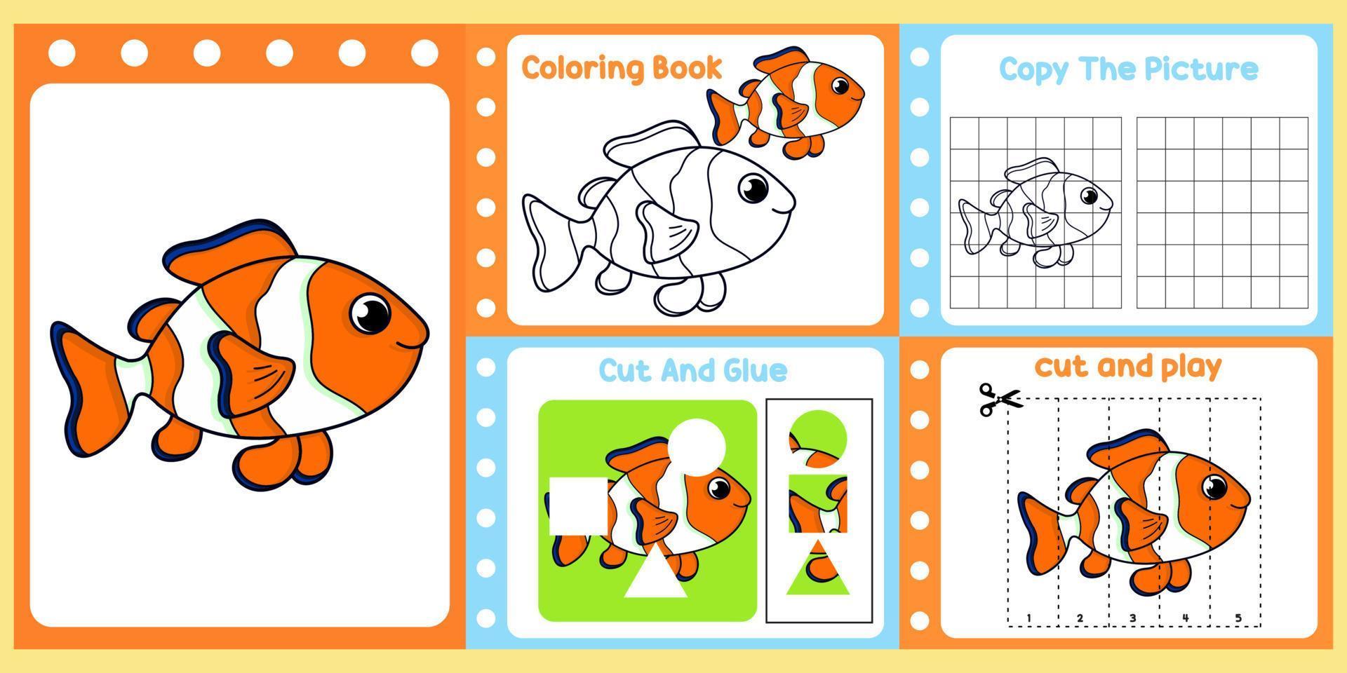 paquete de hojas de trabajo para niños con vector de peces. libro de estudio para niños