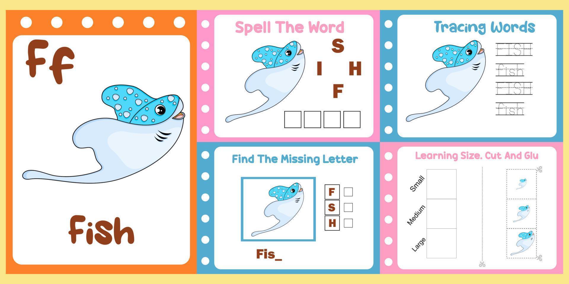 worksheets pack for kids with fish vector. children's study book vector