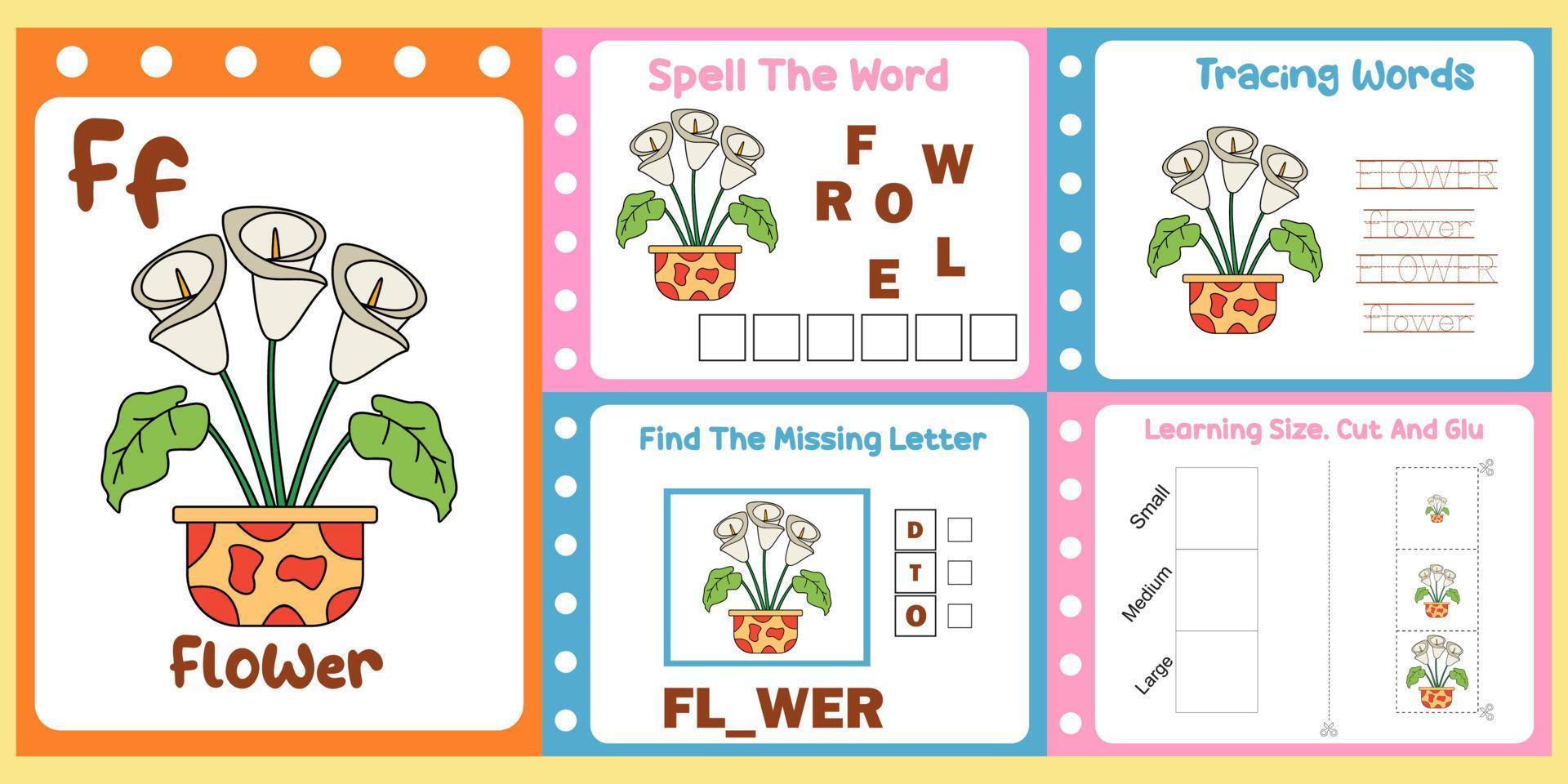 paquete de hojas de trabajo para niños con vector de flores. libro de estudio para niños