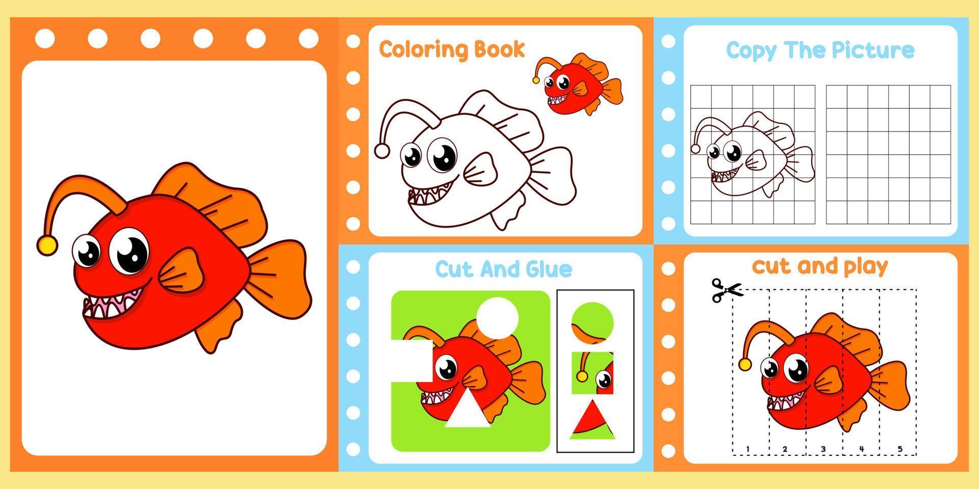 paquete de hojas de trabajo para niños con vector de peces. libro de estudio para niños