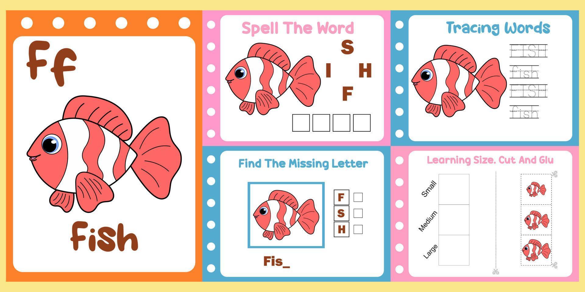 paquete de hojas de trabajo para niños con vector de peces. libro de estudio para niños