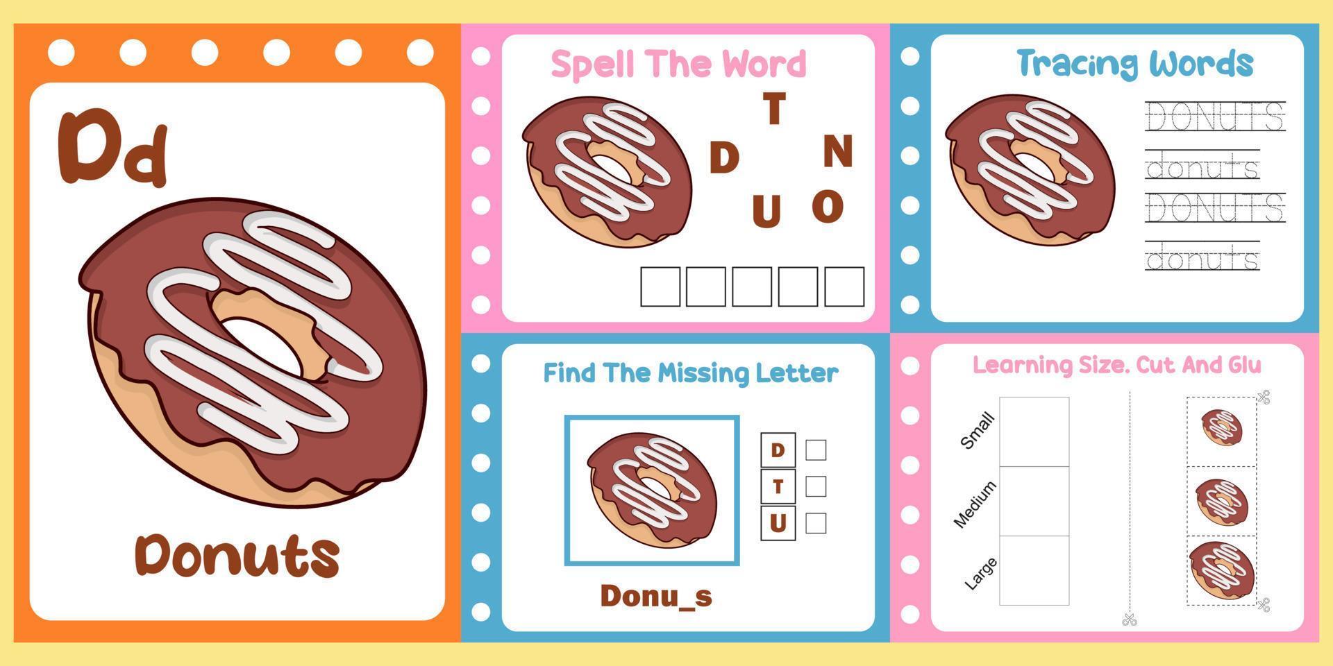 paquete de hojas de trabajo para niños con vector de donuts. libro de estudio para niños