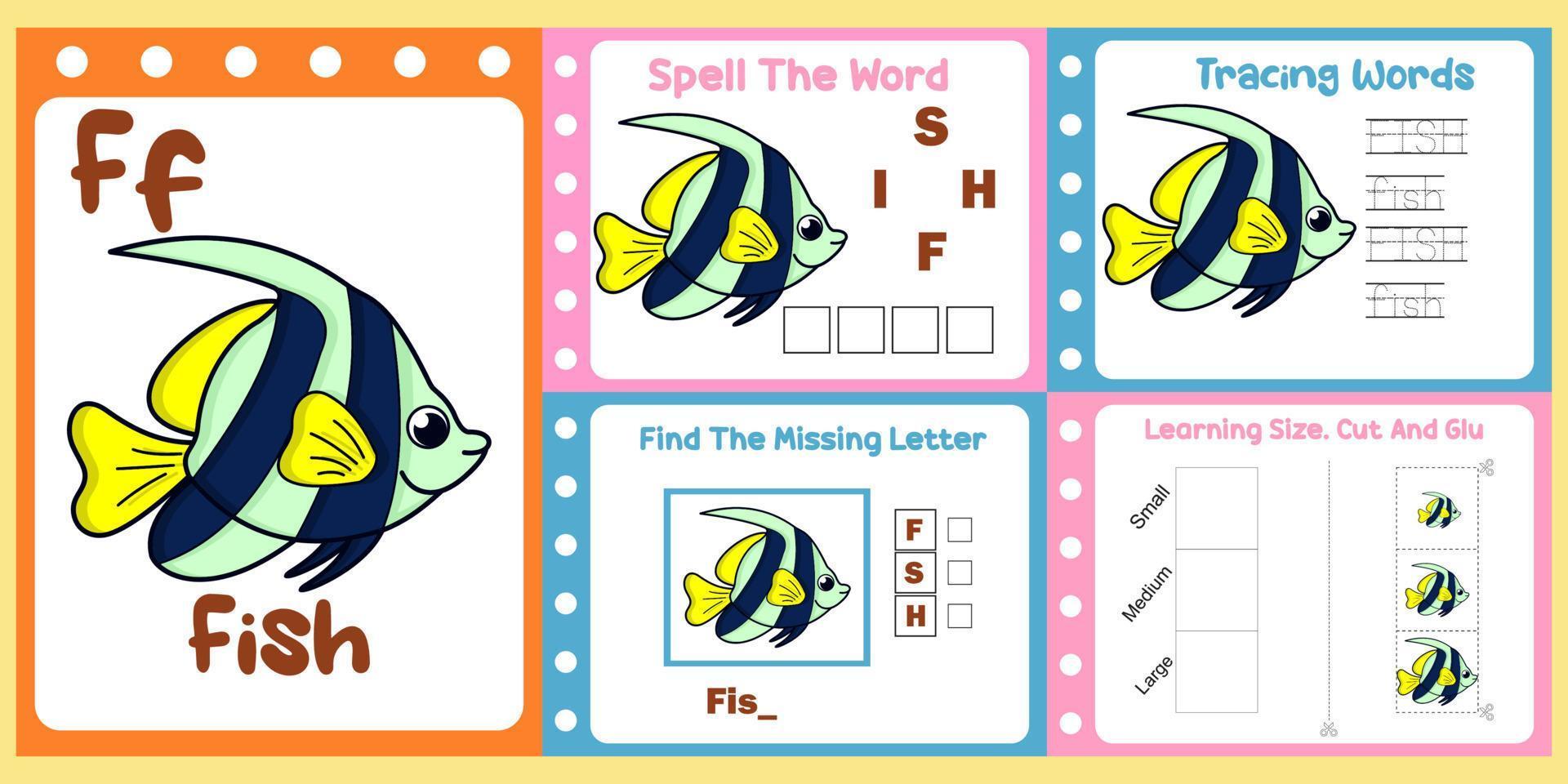 paquete de hojas de trabajo para niños con vector de peces. libro de estudio para niños