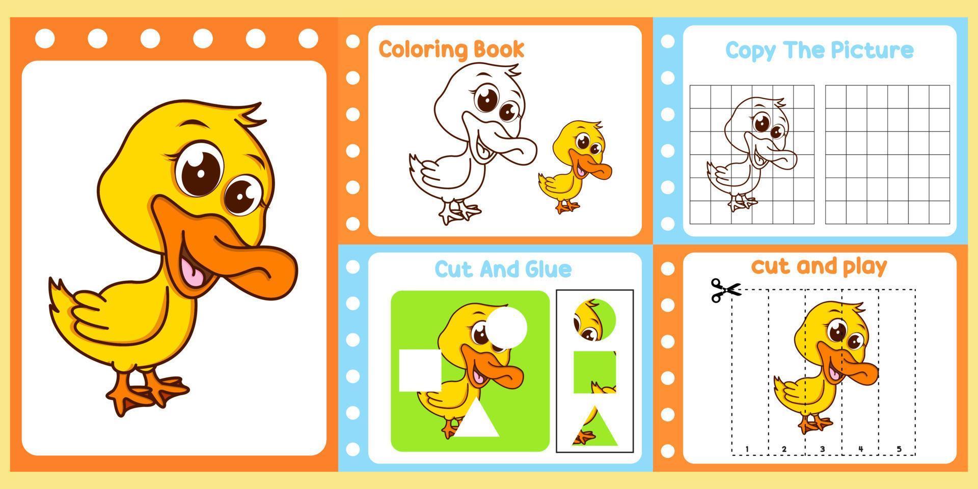 paquete de hojas de trabajo para niños con vector de pato. libro de estudio para niños