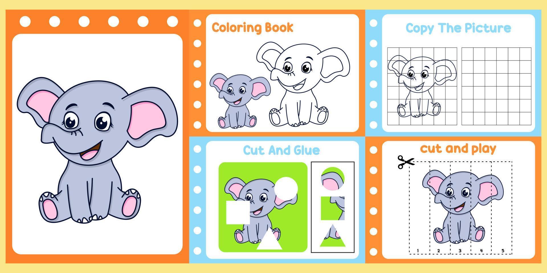 paquete de hojas de trabajo para niños con vector de elefante. libro de estudio para niños
