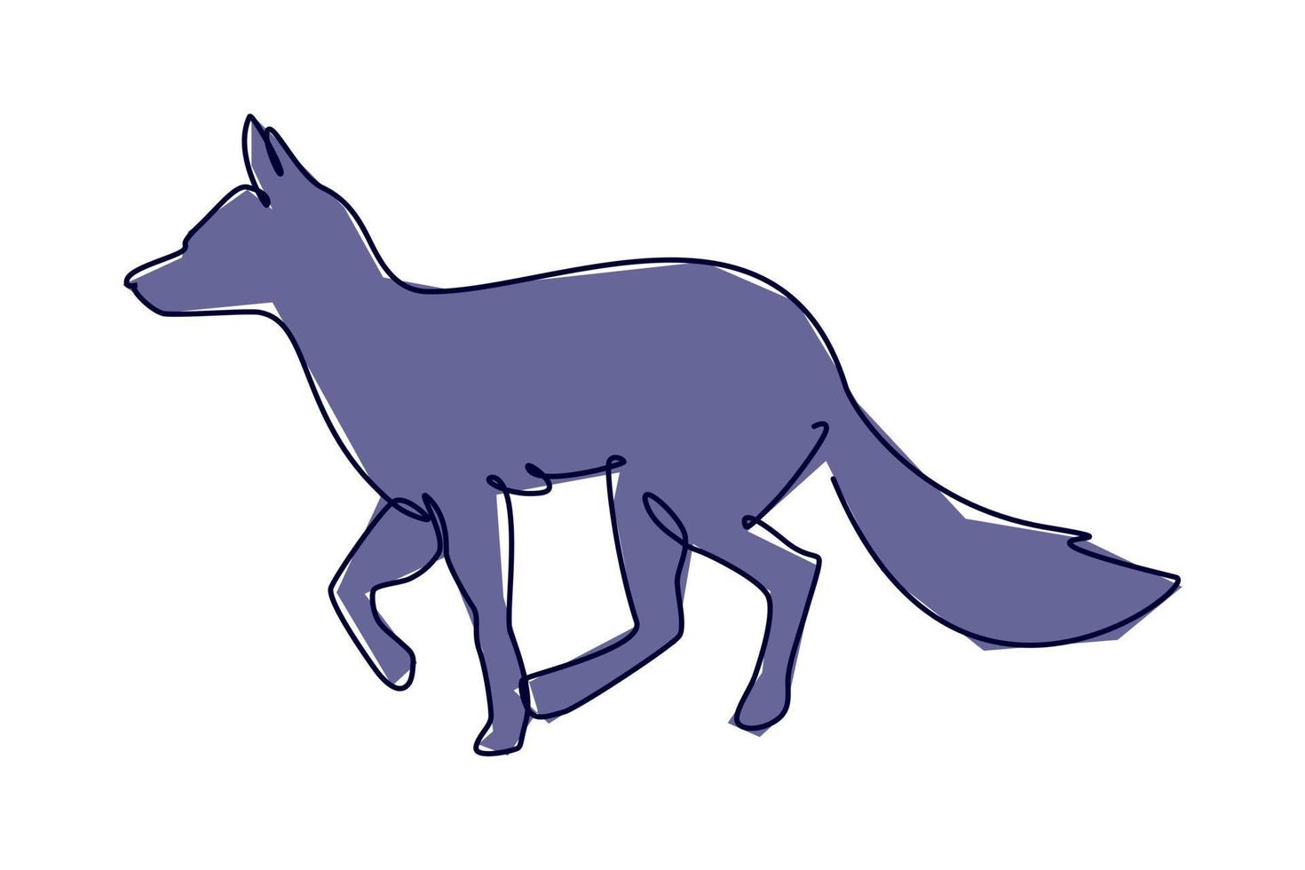 Simple flat color single continuous line drawing of cute fox. Animal and wildlife design concept. Trendy single line graphic draw vector design illustration