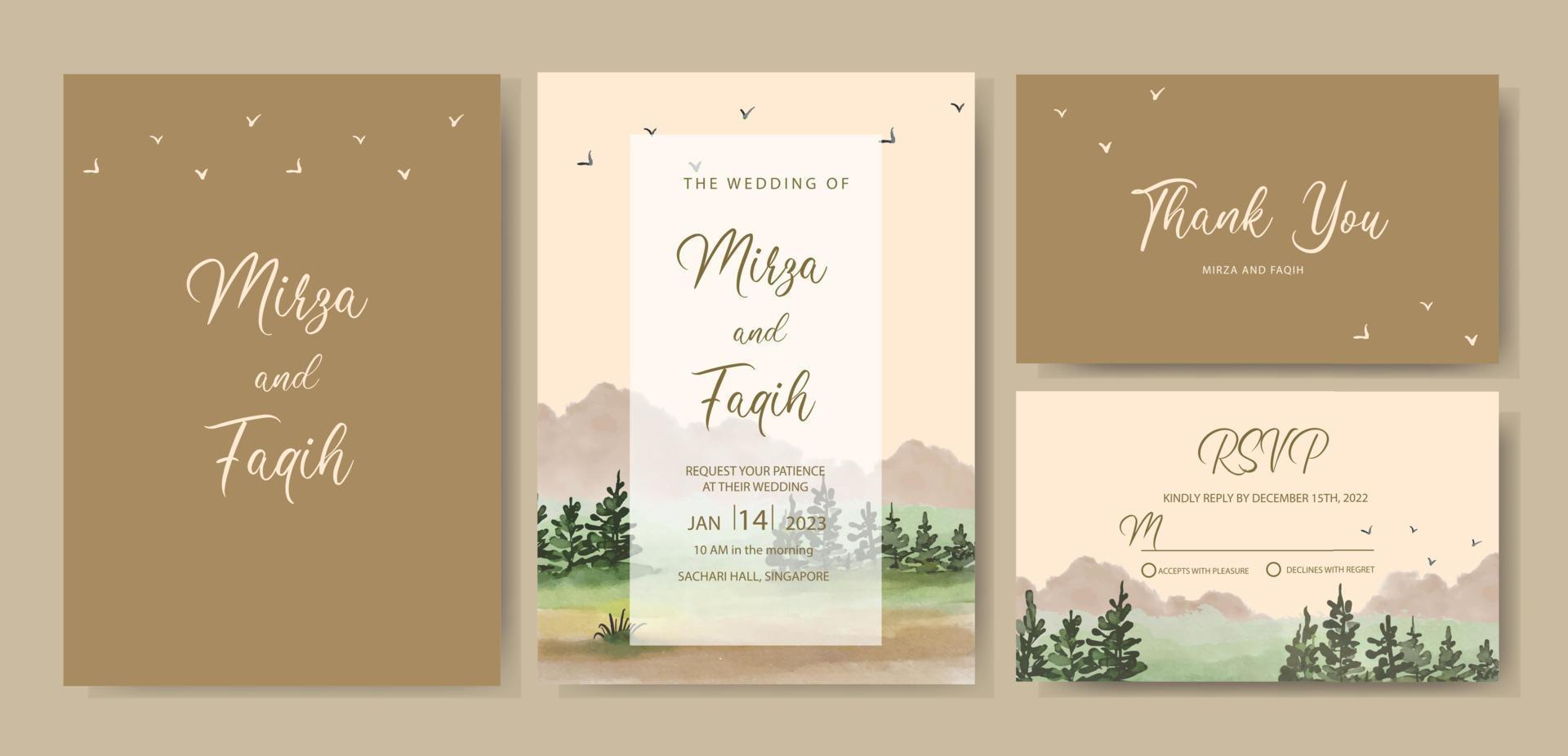 WEDDING INVITATION SET OF WATERCOLOR NATURE vector