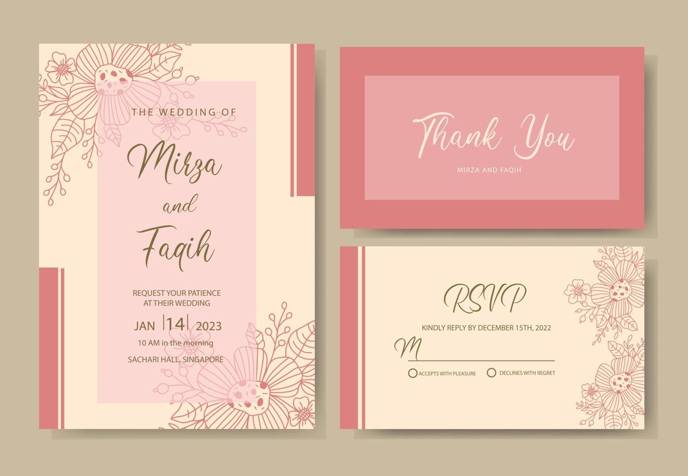 wedding invitation set with cute peach hand drawn flower vector