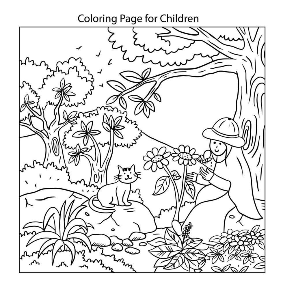 a girl and her cat are in the garden coloring page vector