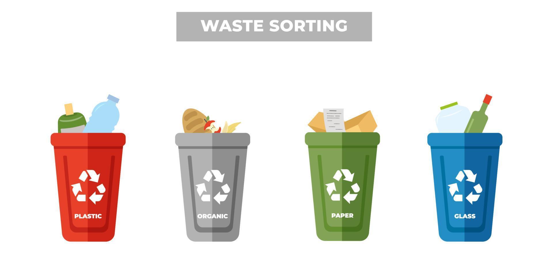 clasificación de residuos por material y tipo en botes de basura de colores, infografías vectoriales sobre la separación y reciclaje de basura. vector
