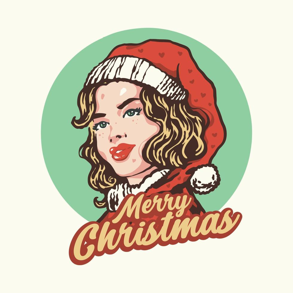 Pop art christmas girl vintage hand drawn illustration vector