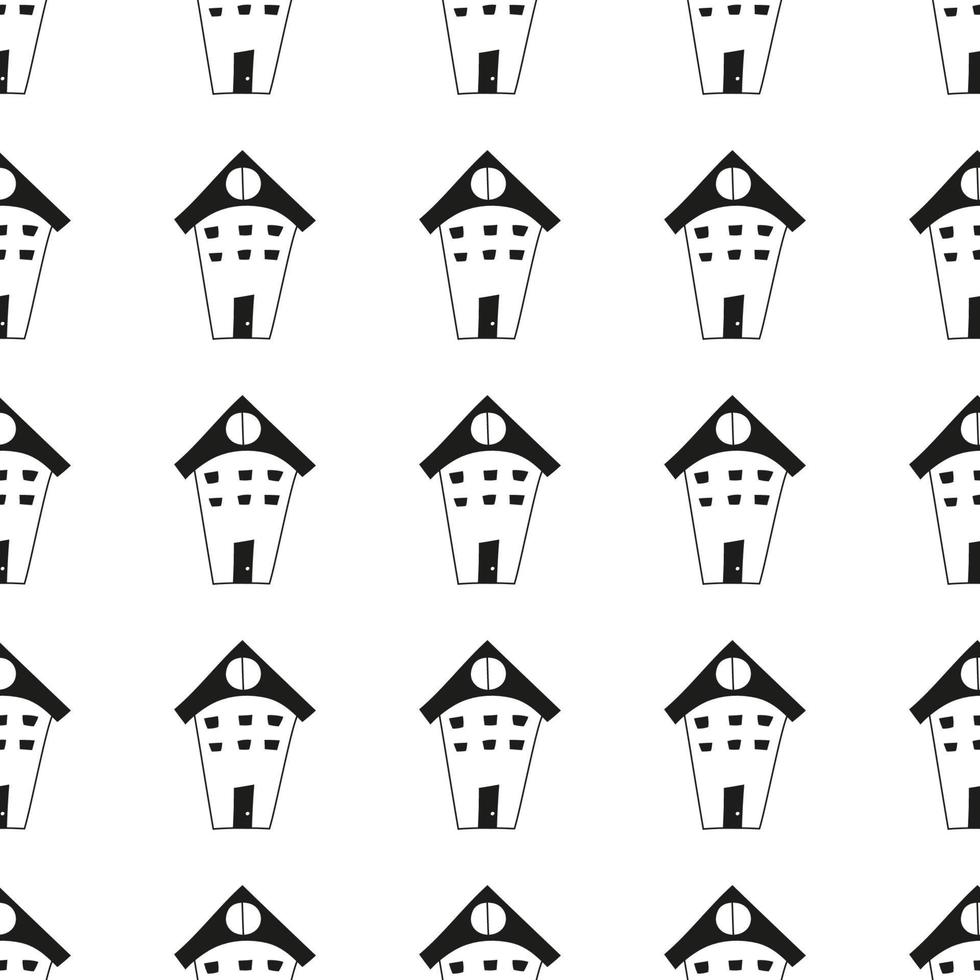 patrón en blanco y negro sin inconvenientes con casas dibujadas a mano en forma de garabato para tela infantil, ropa, afiches, estampados vector