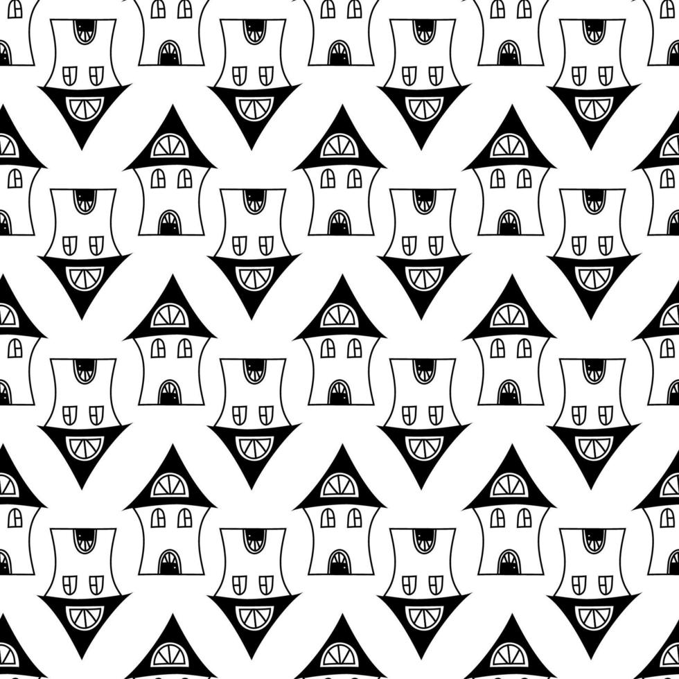 House doodle pattern. Hand drawn line buildings. Seamless texture in black and white. vector