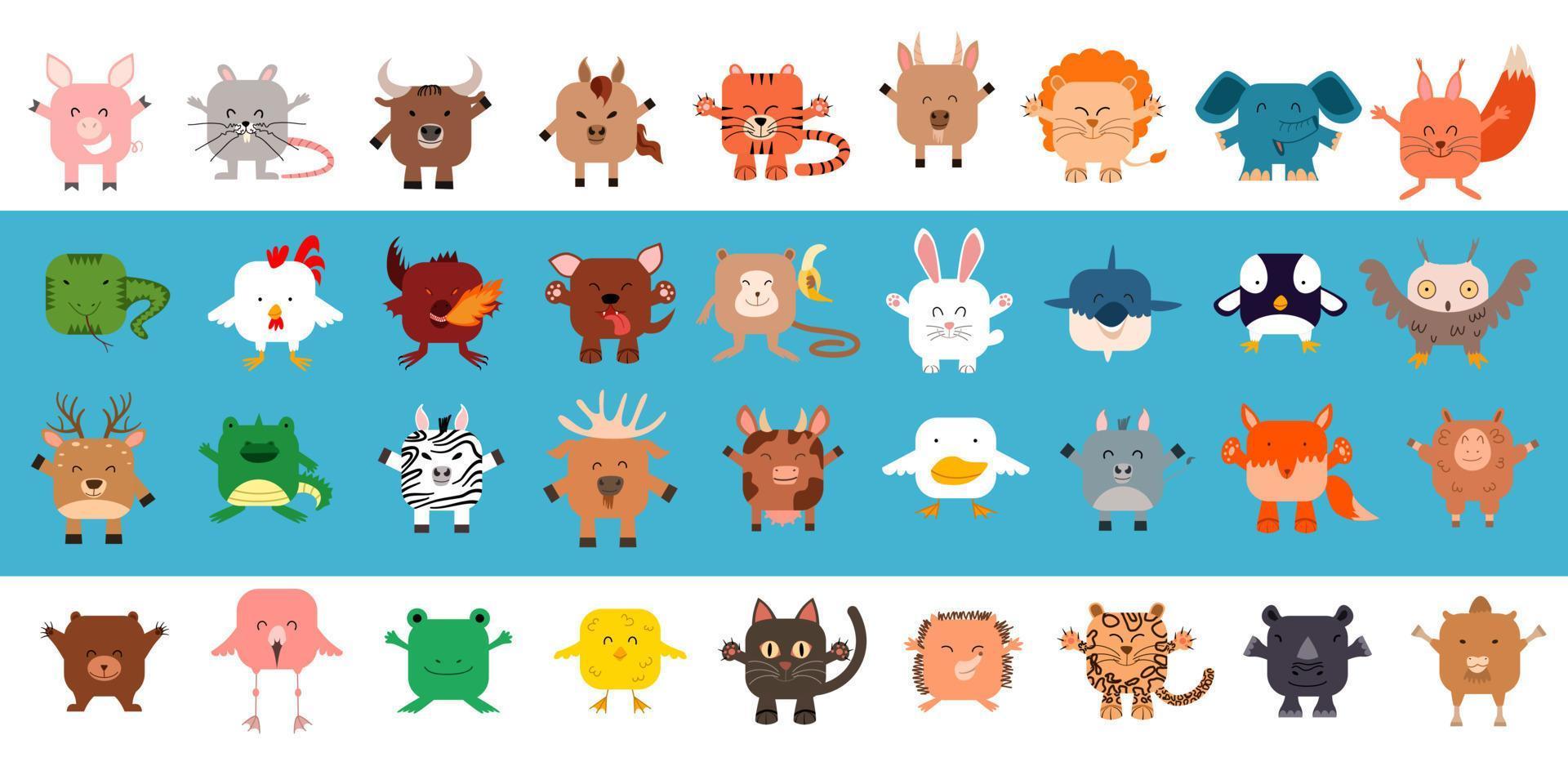 A large set of square-shaped animals. Vector illustration