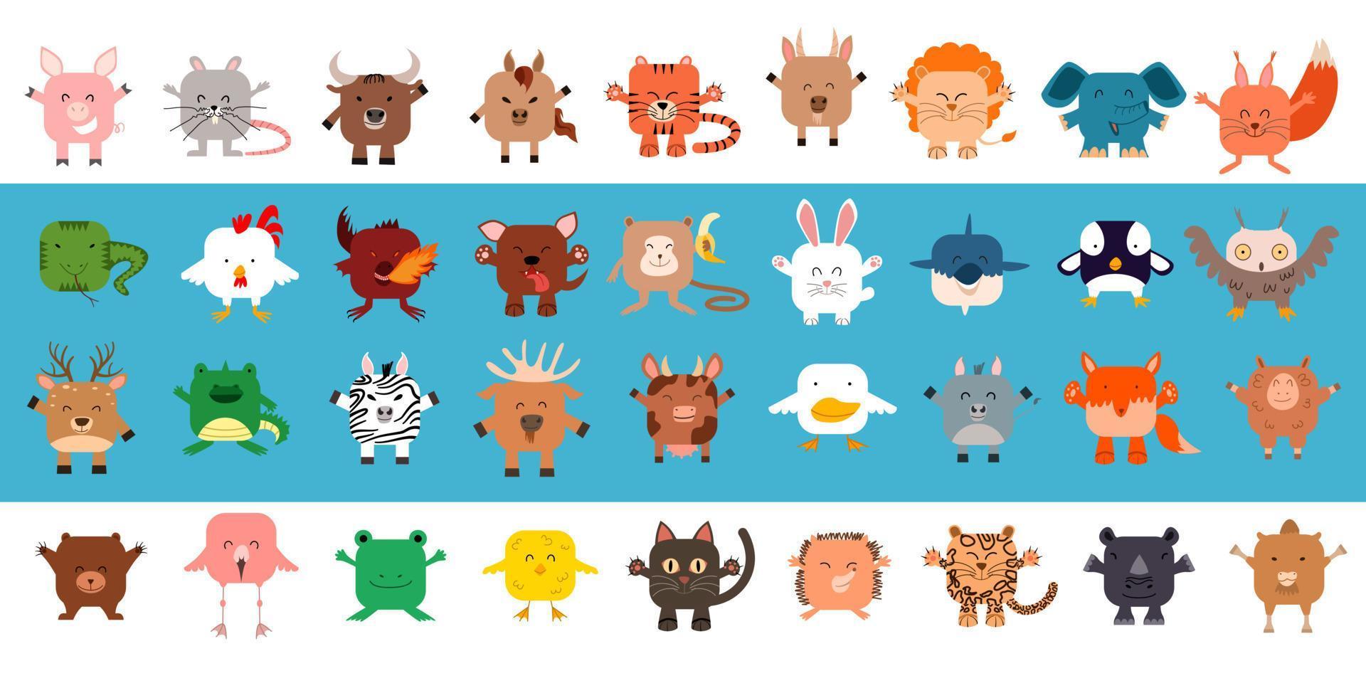 un gran conjunto de animales de forma cuadrada. ilustración vectorial vector