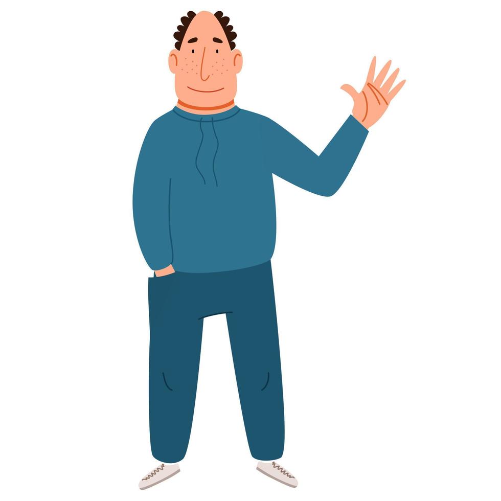 A fashionable man in casual clothes greets. Friendly greeting of a bald guy. vector