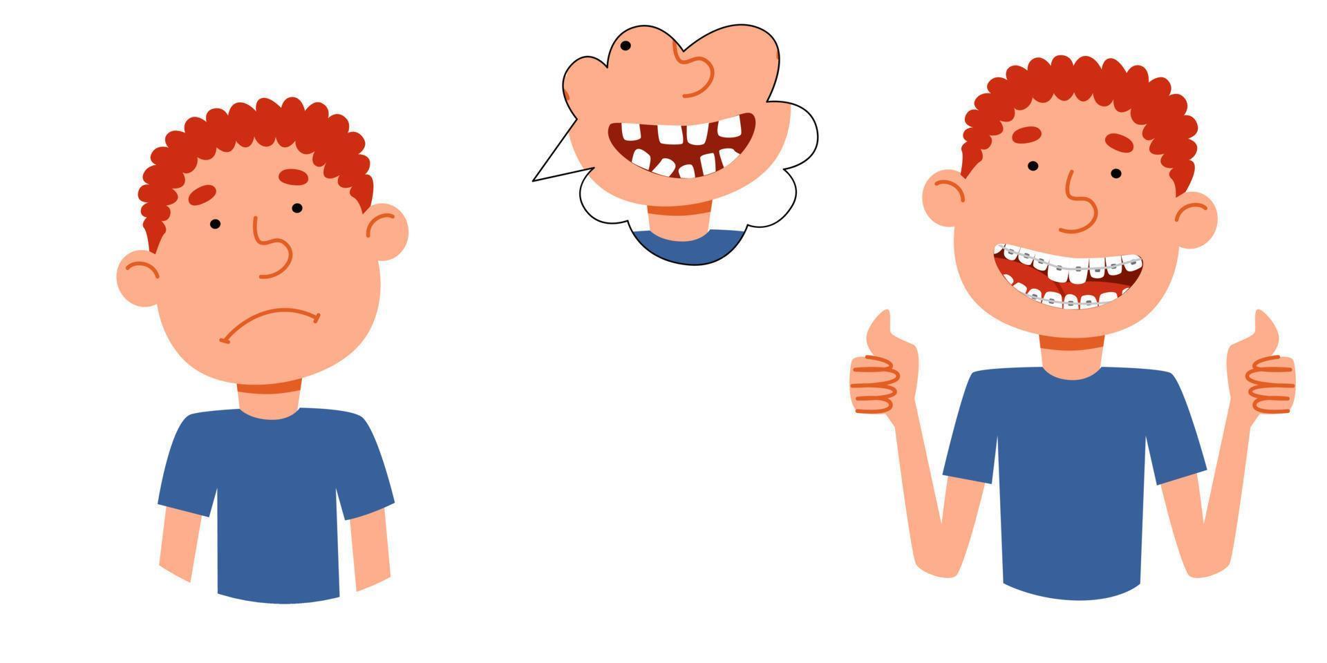 concept of an illustration on the topic of correcting a smile. The Boy s character gets upset because of her crooked teeth, a teenager with braces shows class. vector