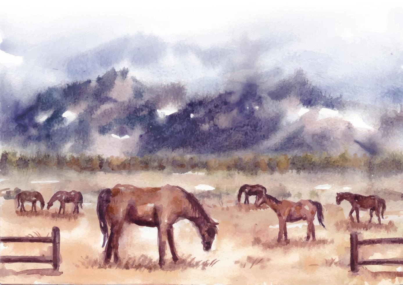 Horses in savannah nature landscape watercolor vector