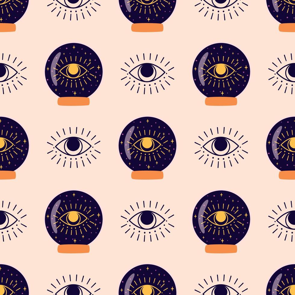 Magic crystal ball pattern fortune eye. Crystal ball future hand drawn seamless background. Cute spiritual esoteric alchemy pattern. Vector illustration. Mystical endless wallpaper surface design.