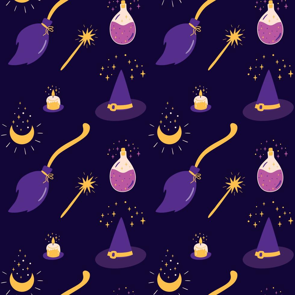 Witch pattern Magic witchcraft seamless pattern. Halloween background in kids doodle style. Cute witch broom, potion bottle hat moon, wand. Mystery violet dark texture. Witchcraft vector illustration.