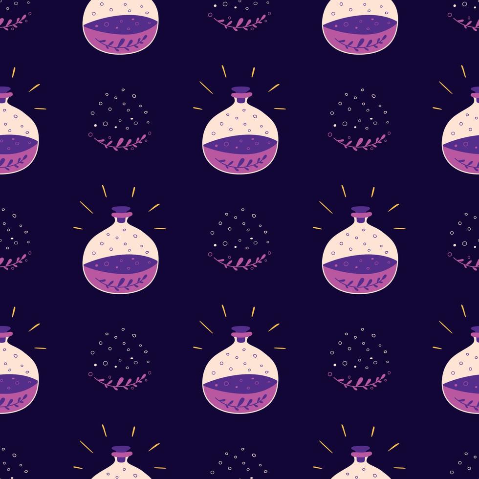 Wizard bottles seamless pattern Magic violet cartoon potion bottles Cute halloween dark background. Magic elixir hand drawn pattern design. Cute fabric, wallpaper, textile, print. Kids illustration. vector