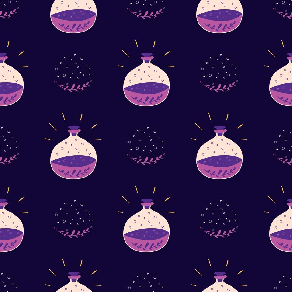 Wizard bottles seamless pattern Magic violet cartoon potion bottles Cute halloween dark background. Magic elixir hand drawn pattern design. Cute fabric, wallpaper, textile, print. Kids illustration. vector