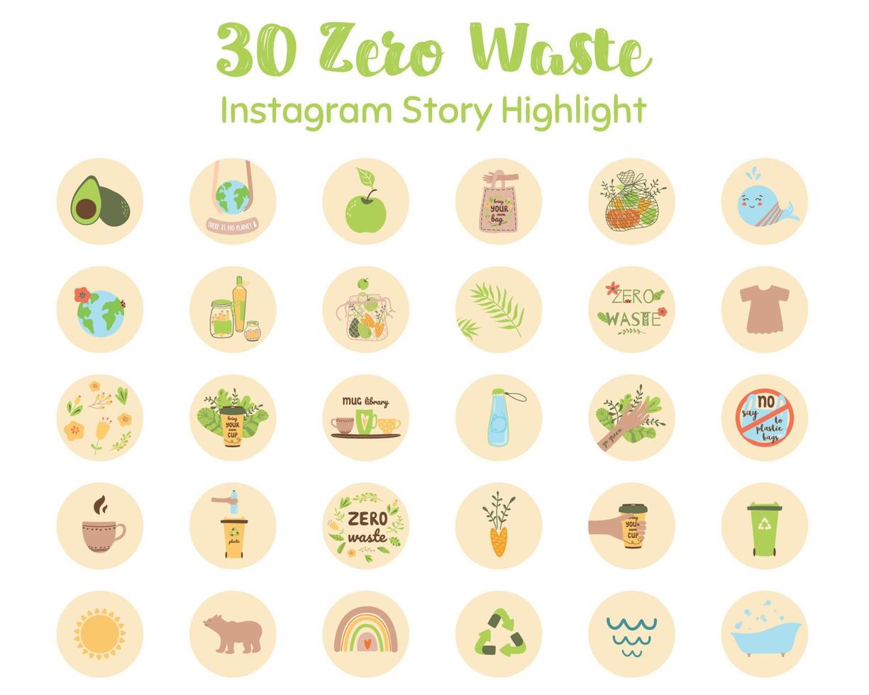 Ecological highlight covers design set in green color. Zero waste highlight icons. No plastic save planet, go green. Vector illustration. Rainbow, own bag, bin, recycle, reuse, reduce, whale, avocado.