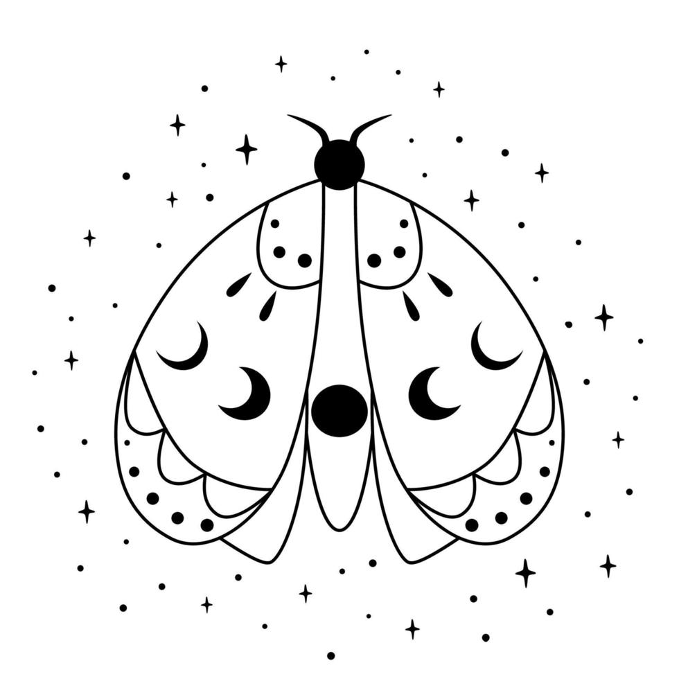 Spiritual butterfly with mystery moon. Magic element. Butterfly coloring page. Line art. Cute flying insect. Esoteric vector illustration. Boho mystical symbol. Astrology symbol isolated.