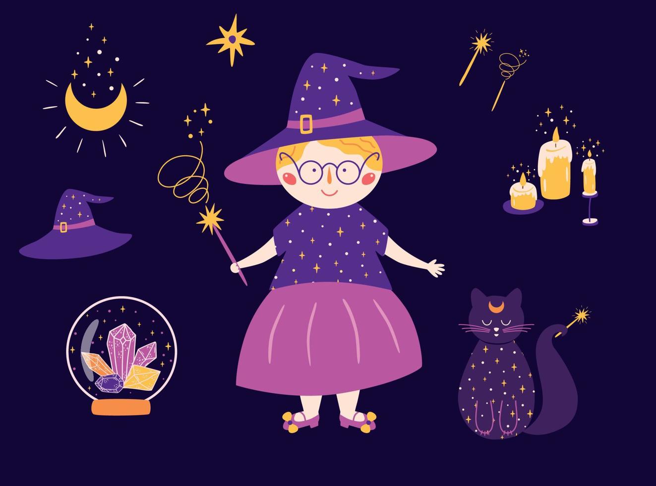 Magic set icon. Witch magic cat, crystals, hat, moon, wand, candles. Cute halloween element. Violet magical clip art Witchcraft isolated symbols. Hand drawn doodle sketch magician vector illustration.
