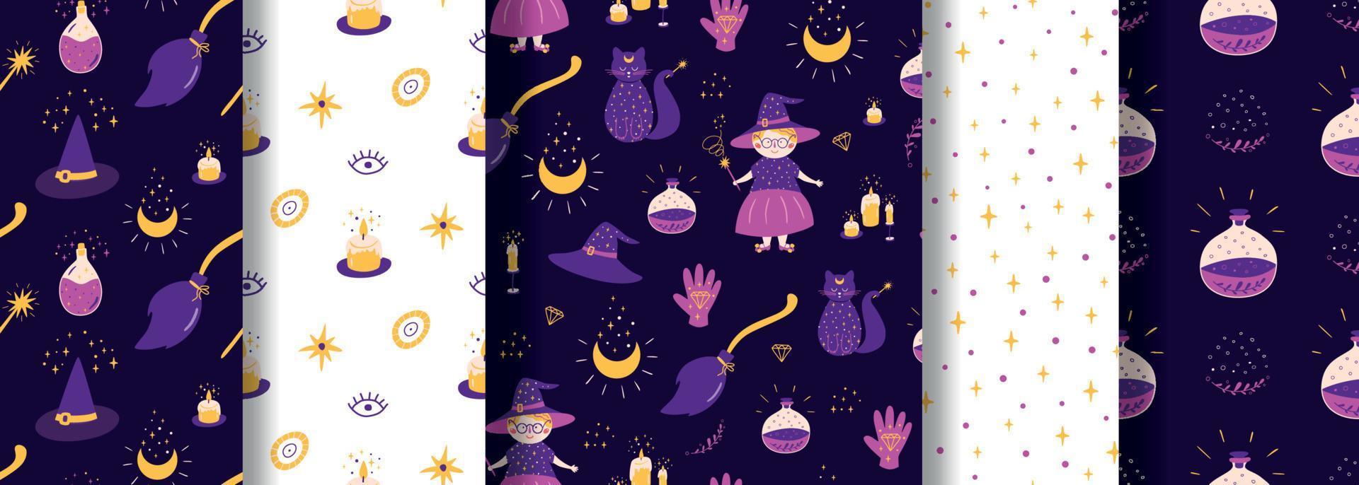 conjunto de patrones de bruja colección mágica patrones sin fisuras fondo de halloween papel de brujería kit de impresiones de misterio para niños lindos. bruja, gato, escoba, botella de poción, sombrero, luna. ilustración vectorial de brujería. vector