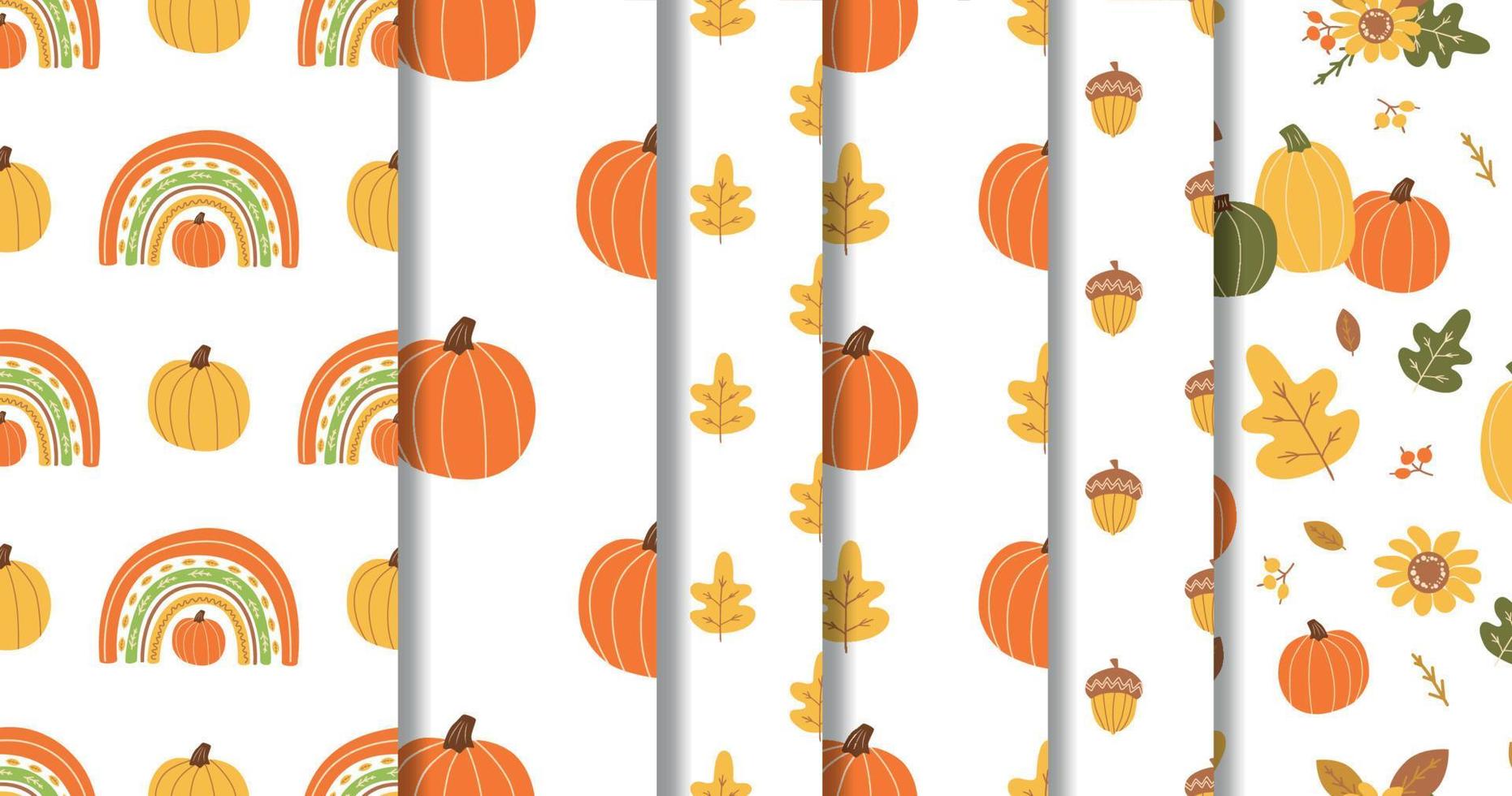 Autumn seamless patterns set. Fall texture, pumpkin, leaves, rainbow, acorn elements on fall background. Cute orange print, wallpaper, surface design. Pumpkin vector illustration. Thanksgiving day.