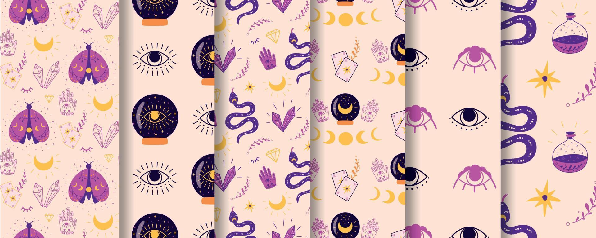 Magic spiritual pattern set. Mystic crystal ball seamless pattern fortune eye moth moon serpent violet background. Spiritual esoteric alchemy pattern. Vector illustration. Halloween wallpaper surface.