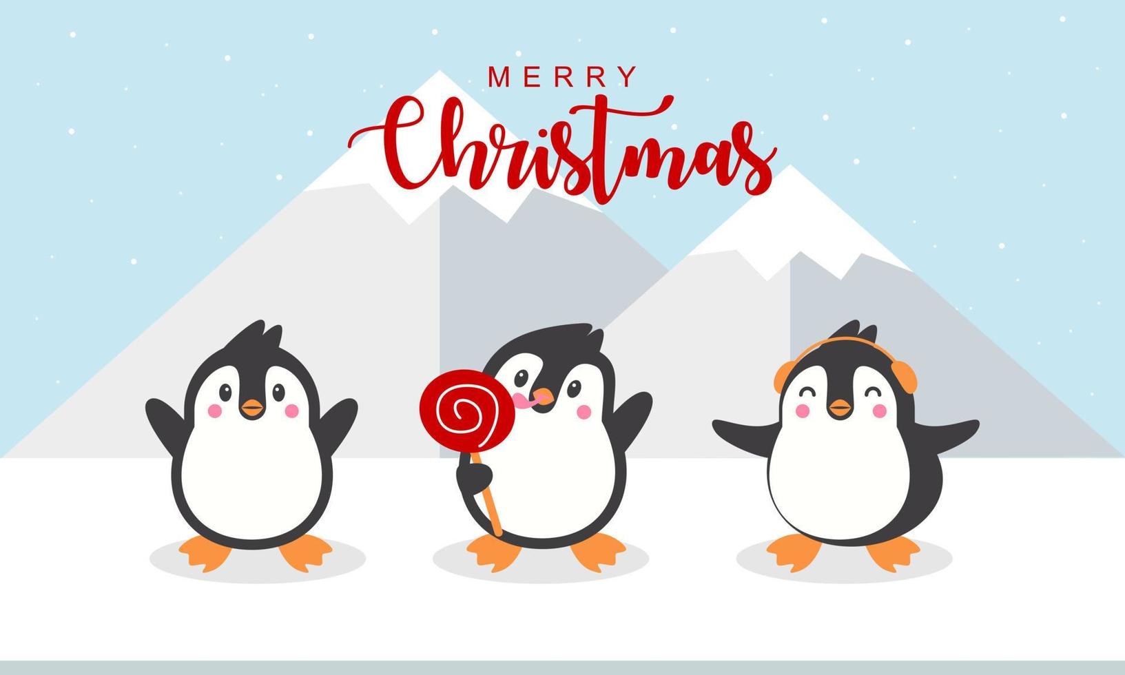 Merry christmas card with cute winter penguins vector illustration