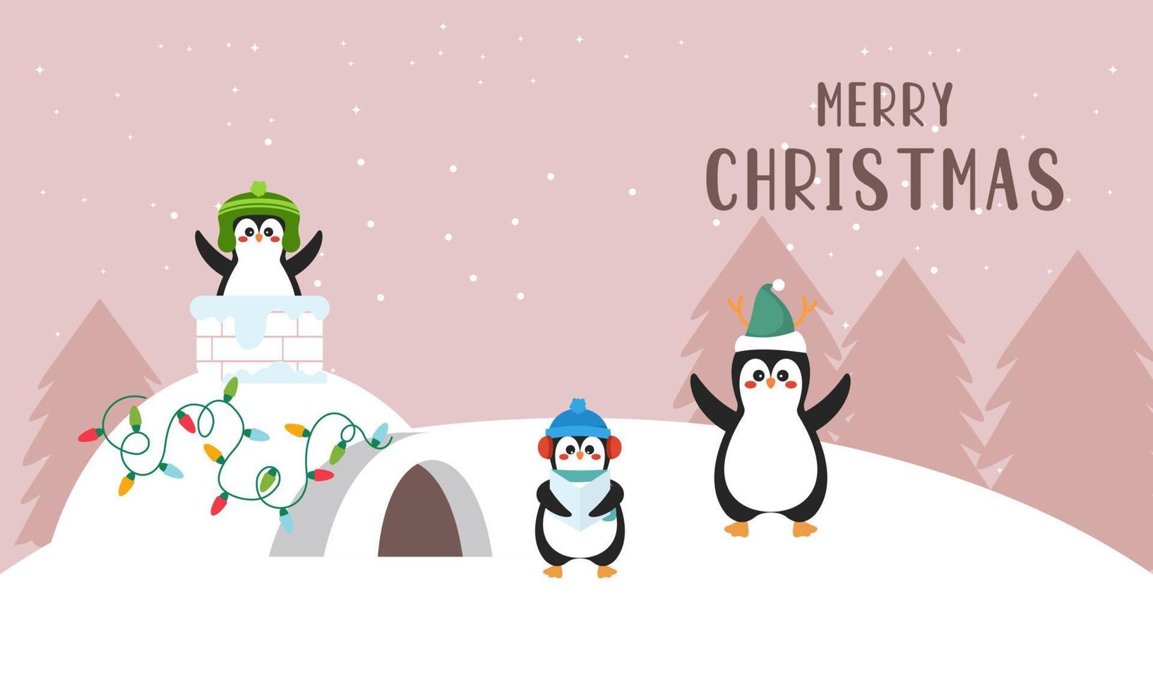 Merry christmas card with cute winter penguins vector illustration