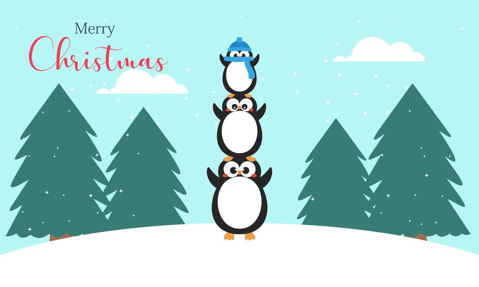 Tarjeta de feliz navidad con lindos pingüinos de invierno ilustración vectorial vector