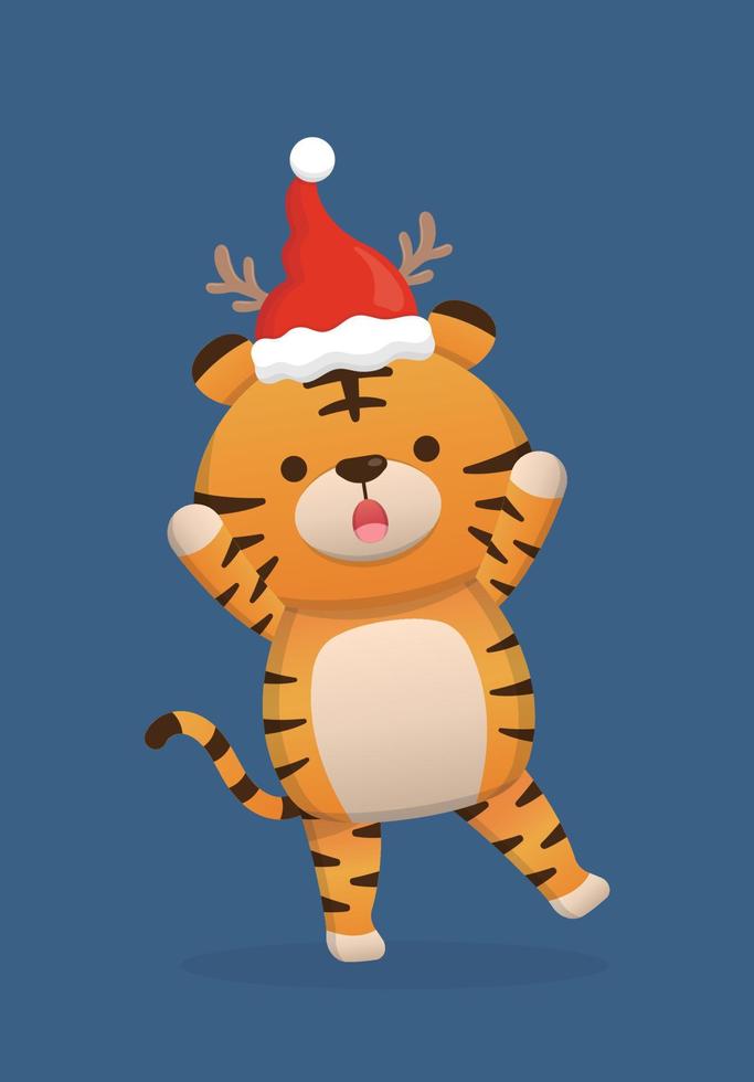 linda mascota de tigre con sombrero de santa y cuernos, feliz de celebrar la navidad, estilo de dibujos animados vectoriales vector