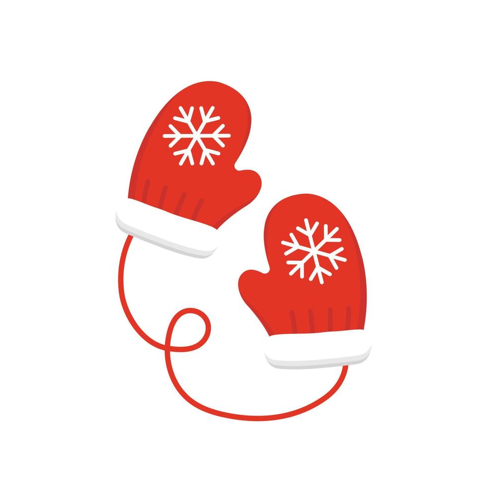Red woolen mittens with snowflakes pattern, Christmas style, vector cartoon style