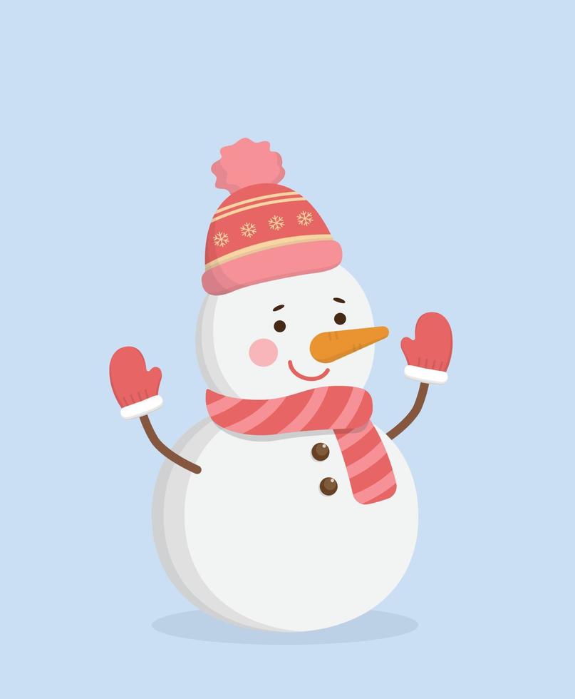 Cute christmas snowman, happy celebrating christmas, christmas hat and scarf with woolen mittens, vector cartoon style