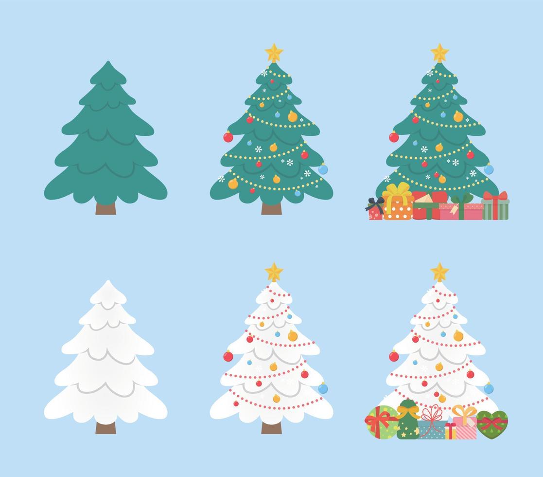 conjunto de árboles de navidad verdes y blancos, decoraciones coloridas con  cajas de regalo con cintas, abeto conífero, cubierto de nieve, estilo de  dibujos animados vectoriales 13115861 Vector en Vecteezy