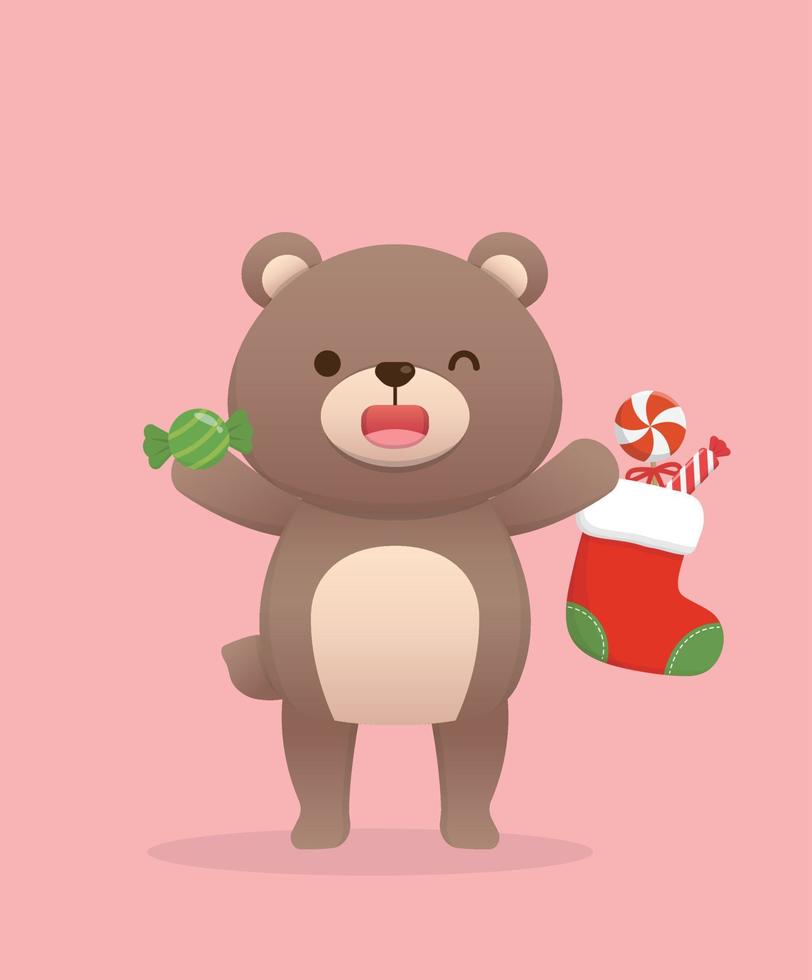 Cute baby bear character mascot with Christmas elements and dress up, happy celebration, vector cartoon style