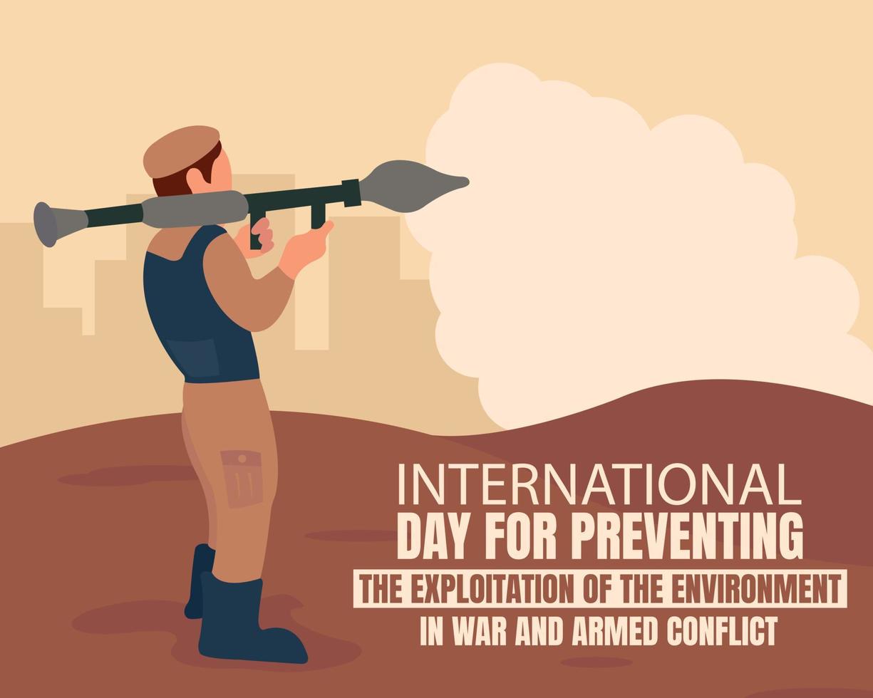 illustration vector graphic of a soldier holding an rpg launcher in the middle of the desert, showing thick smoke, perfect for international day, for preventing, the exploitation, the environment, etc