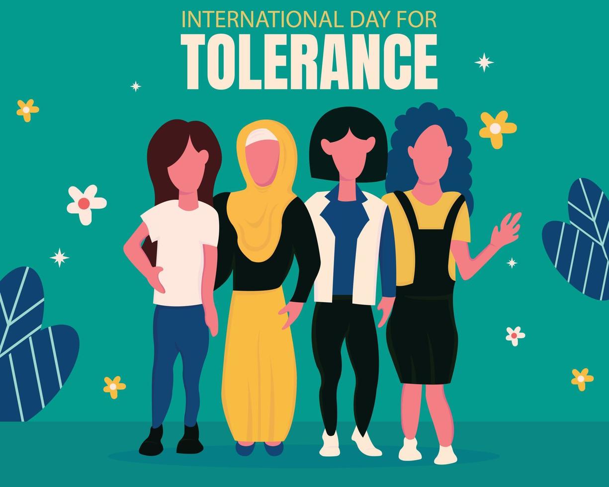 illustration vector graphic of four women with different customs standing together, perfect for international day for tolerance, celebrate, greeting card, etc.