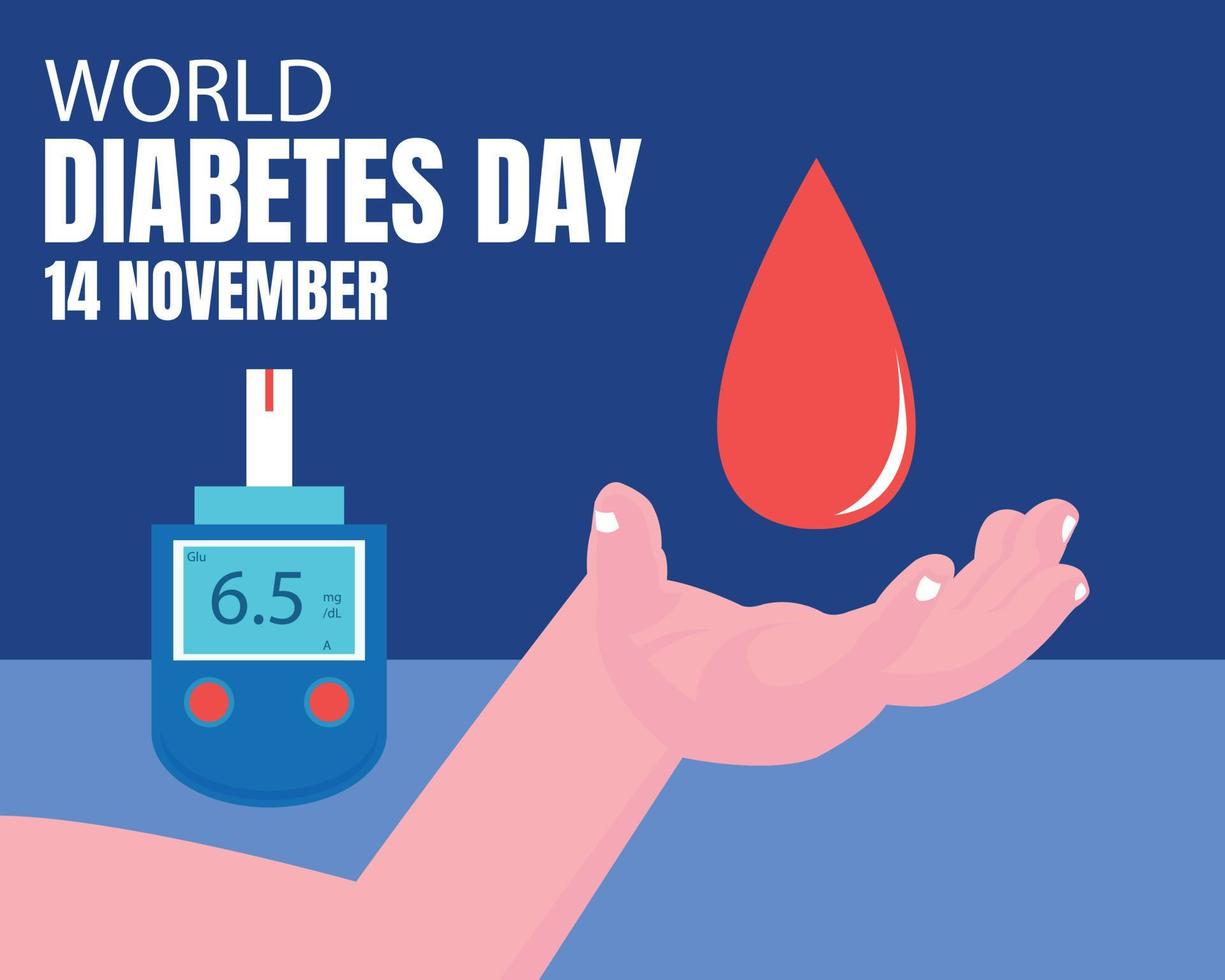 illustration vector graphic of a drop of blood on the palm, showing the glucometer, perfect for international day, world diabetes day, celebrate, greeting card, etc.