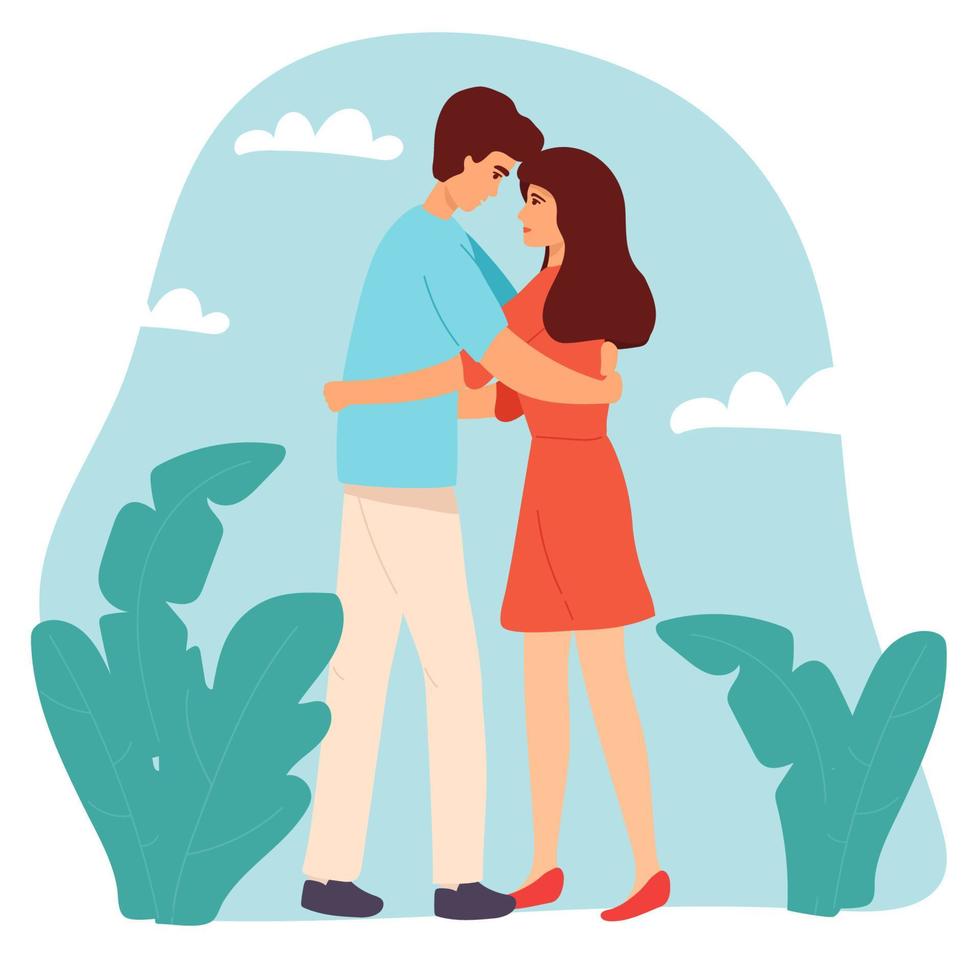 Love tenderness and romantic feelings concept. Young loving smiling couple boy and girl standing hugging embracing each other feeling in love vector illustration