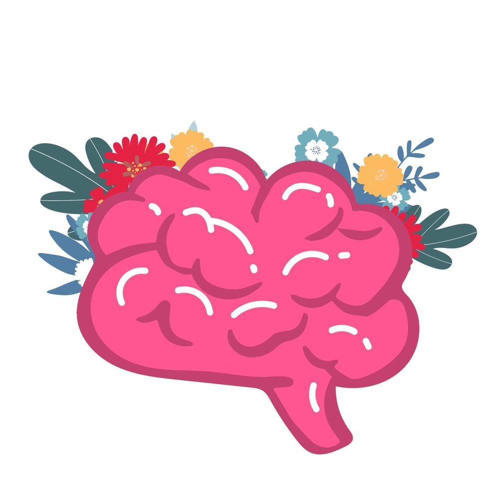 Vector illustration World Mental Health Day. brain with flowers