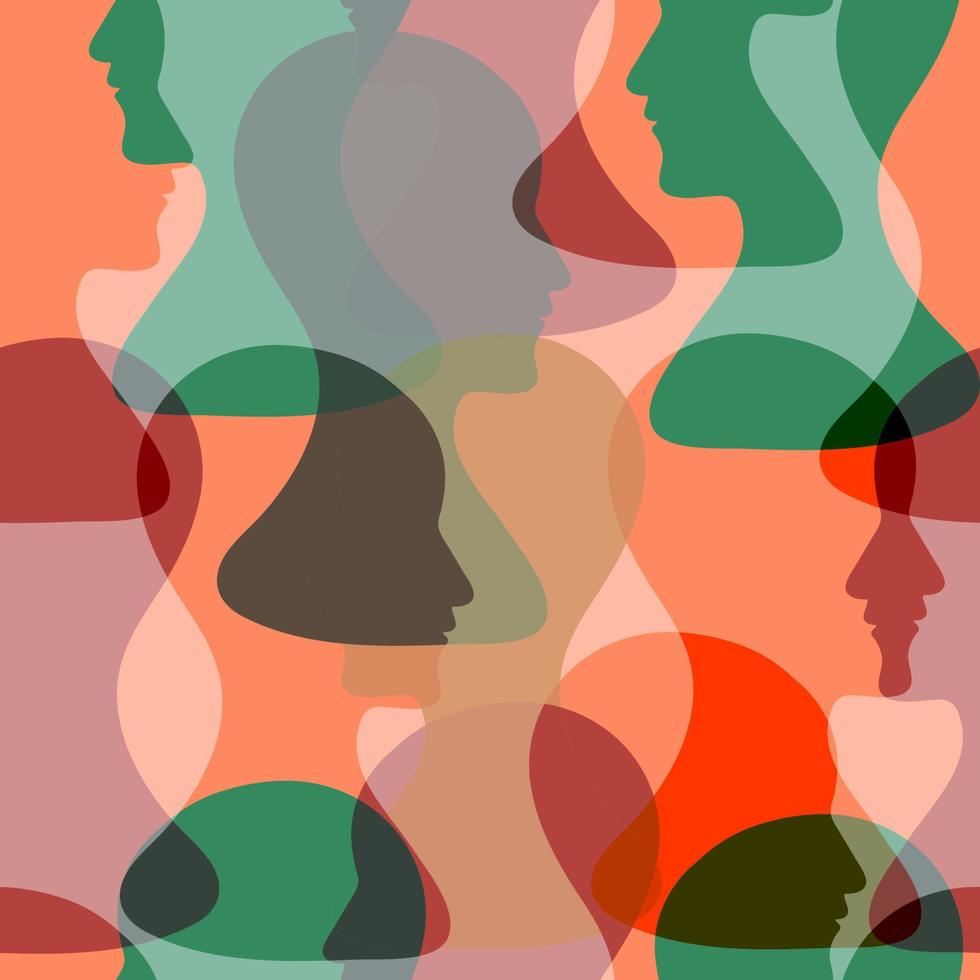 Seamless pattern of a crowd of many different people profile heads. Vector background.