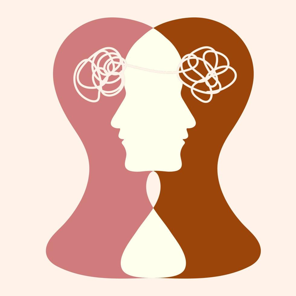 Metaphor bipolar disorder mind mental. Double face. Split personality. Concept mood disorder. 2 Head silhouette.Psychology. Mental health. Dual personality concept. Tangle and untangle. vector