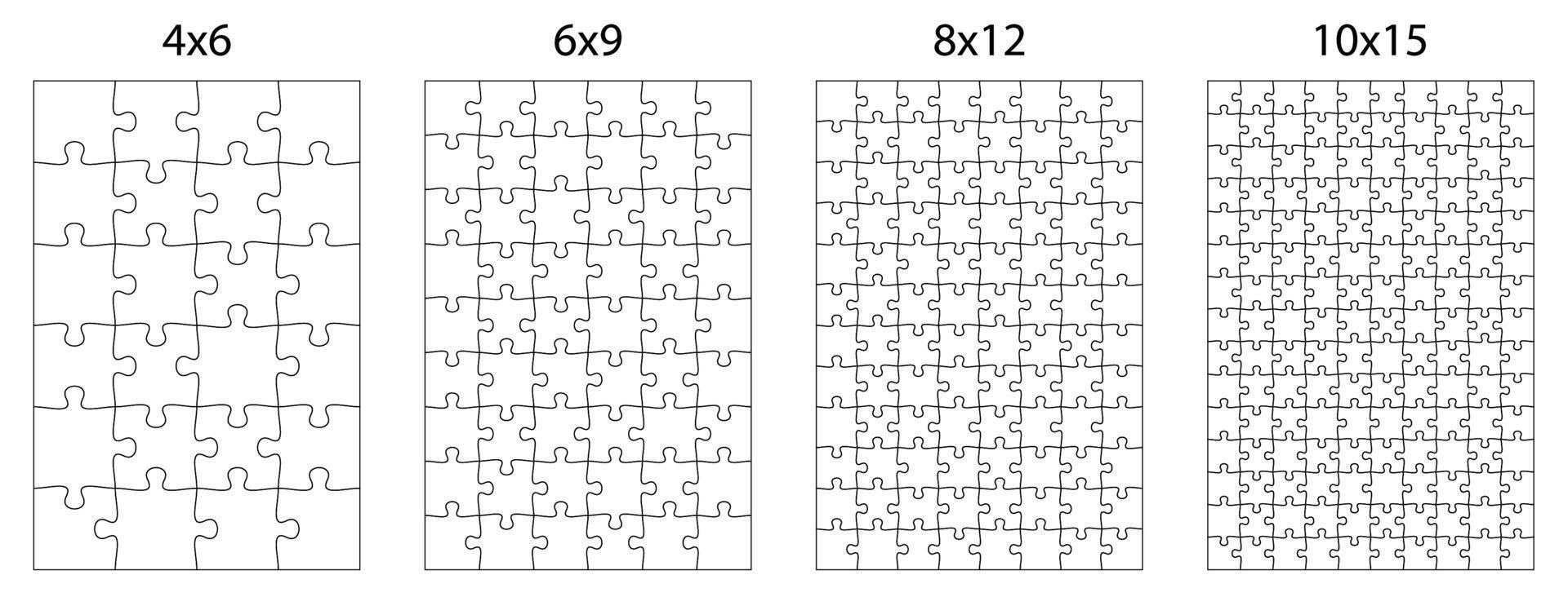 template for puzzle pieces of different difficulty levels for overlaying an image. Children educational games. Black and white vector