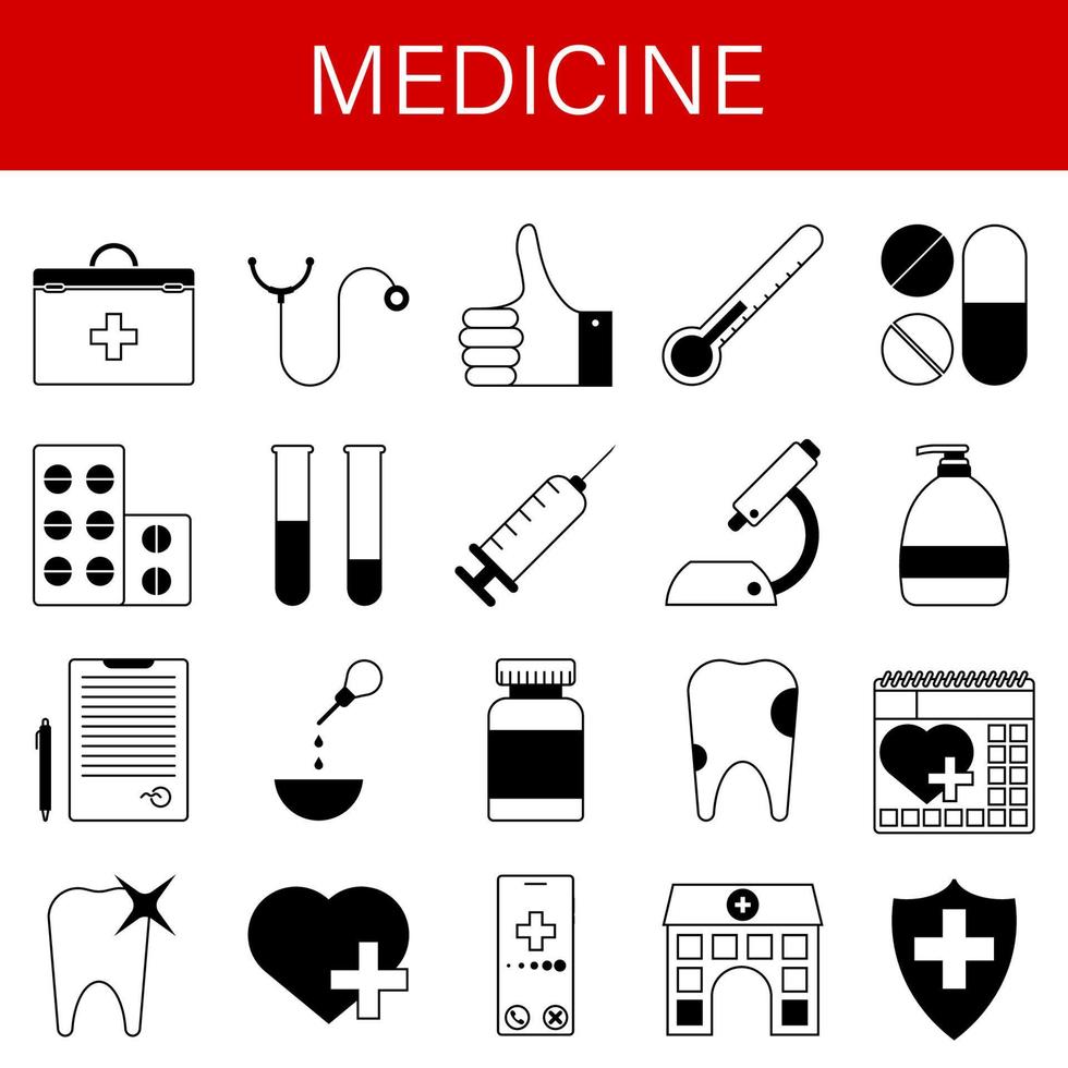 set of medical icons. First aid kit, stethoscope, pills, syringe, tooth, microscope, test tubes, hospital, doctor conclusion. Vector