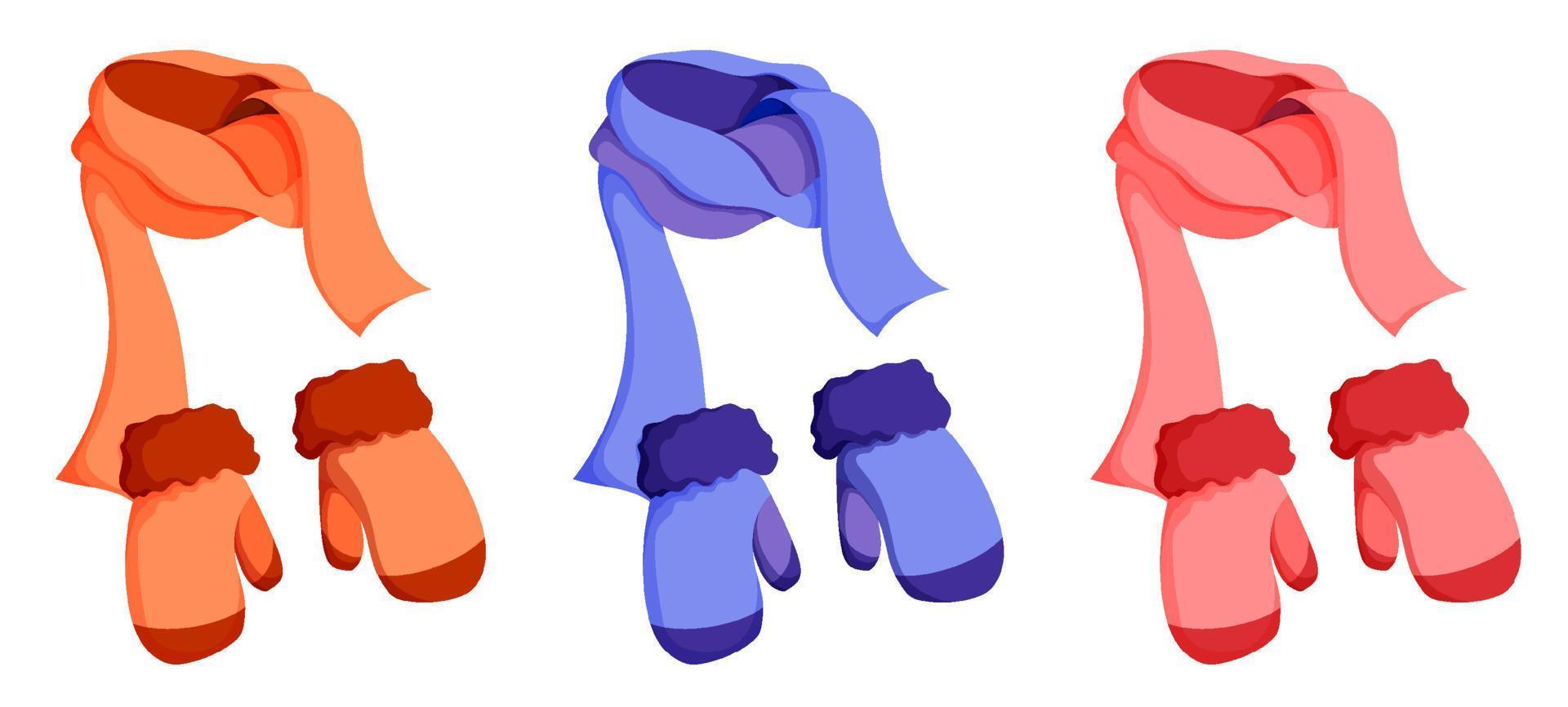 winter warm scarf and knitted wool mittens. Winter clothing for cold weather. Caring for health of children. Cartoon color vector